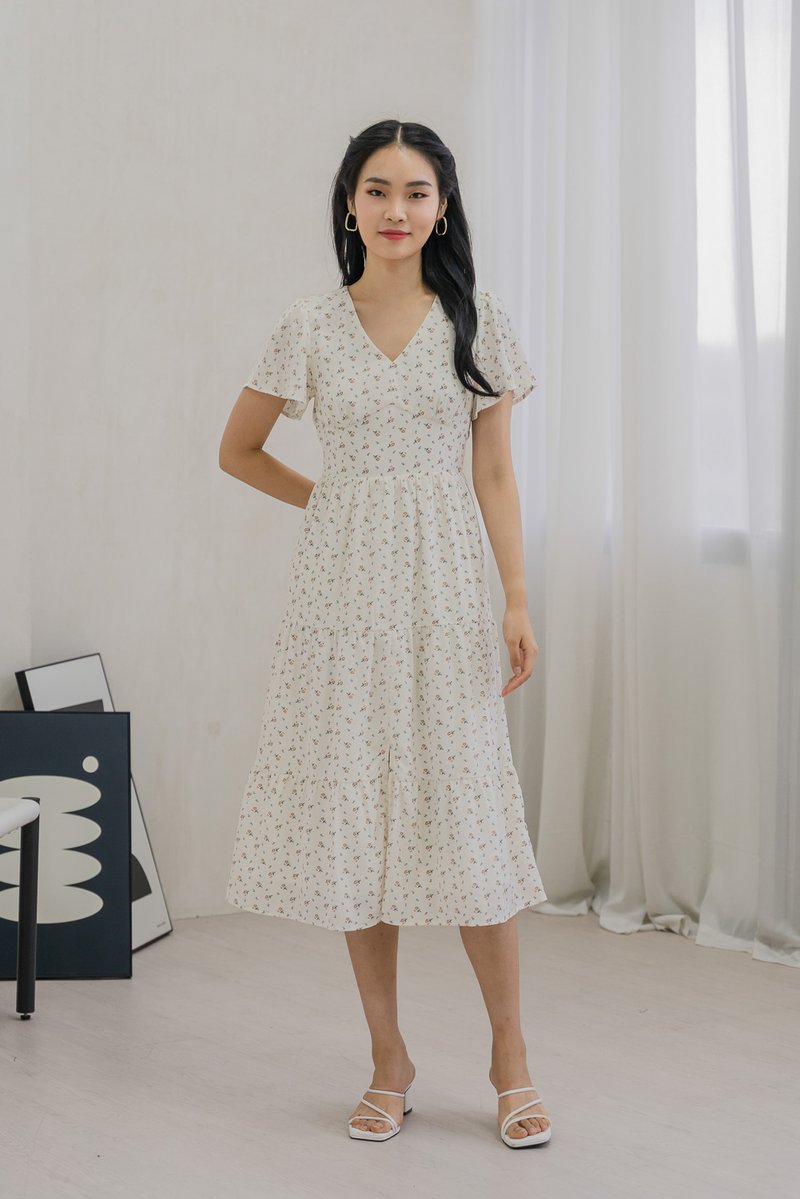 Rubyn Empire Waist Floral Tiered Midi Dress In Ivory