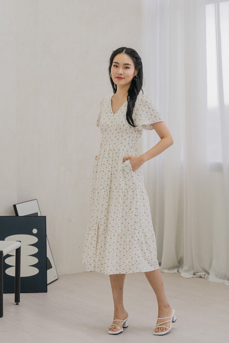 Rubyn Empire Waist Floral Tiered Midi Dress In Ivory