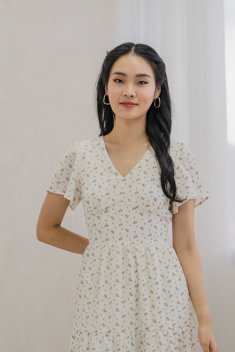 Rubyn Empire Waist Floral Tiered Midi Dress In Ivory