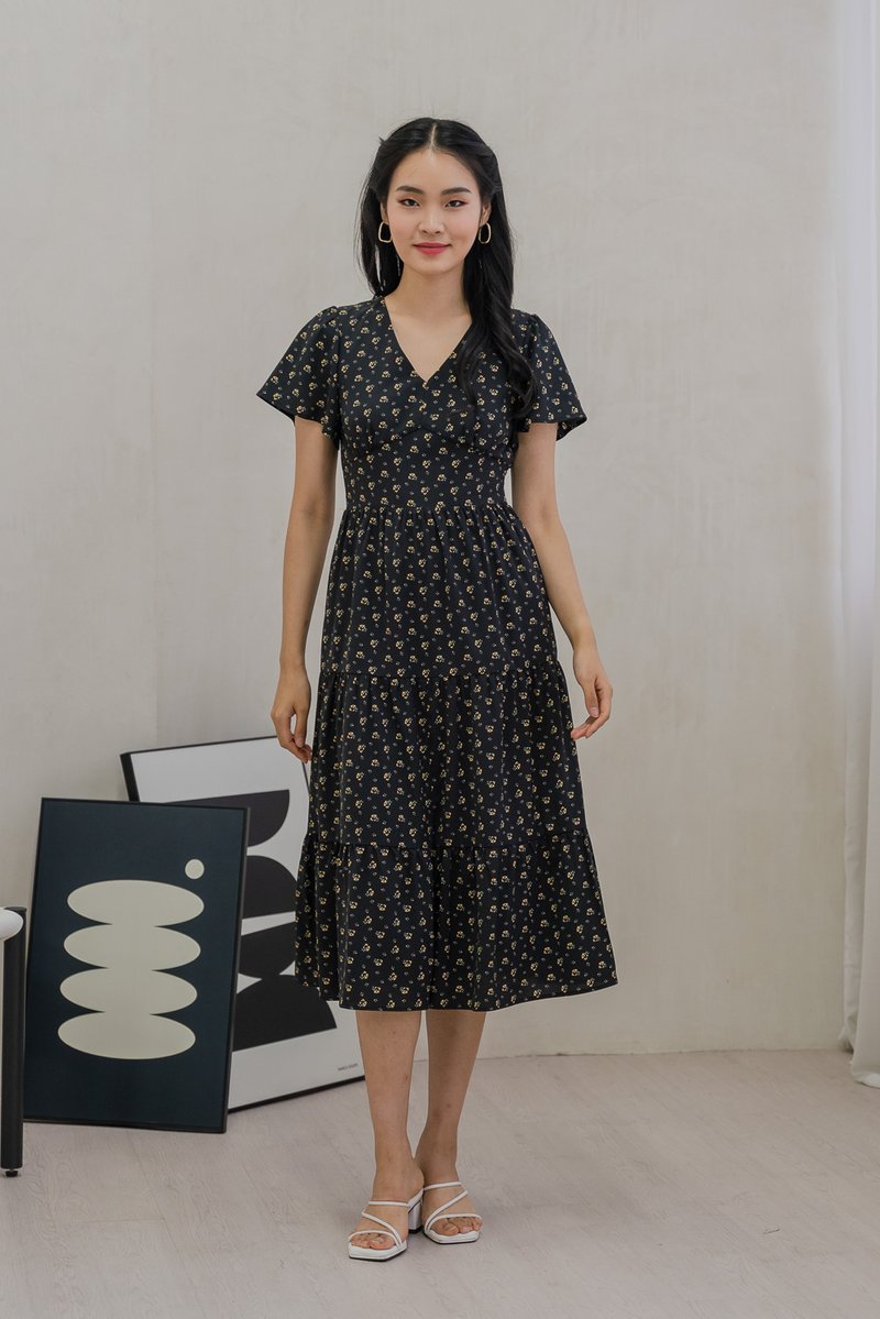 Rubyn Empire Waist Floral Tiered Midi Dress In Black (XS)