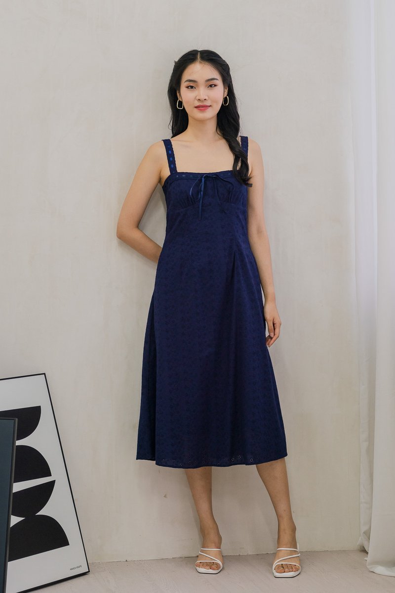 Eve Eyelet Camisole Ribbonette Midi Dress In Navy