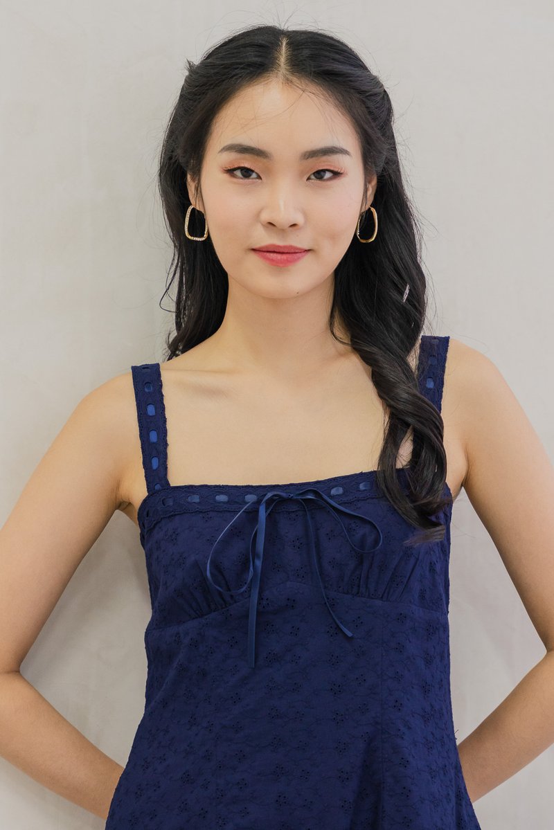 Eve Eyelet Camisole Ribbonette Midi Dress In Navy