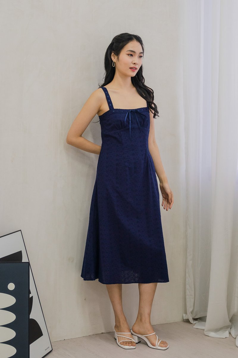 Eve Eyelet Camisole Ribbonette Midi Dress In Navy