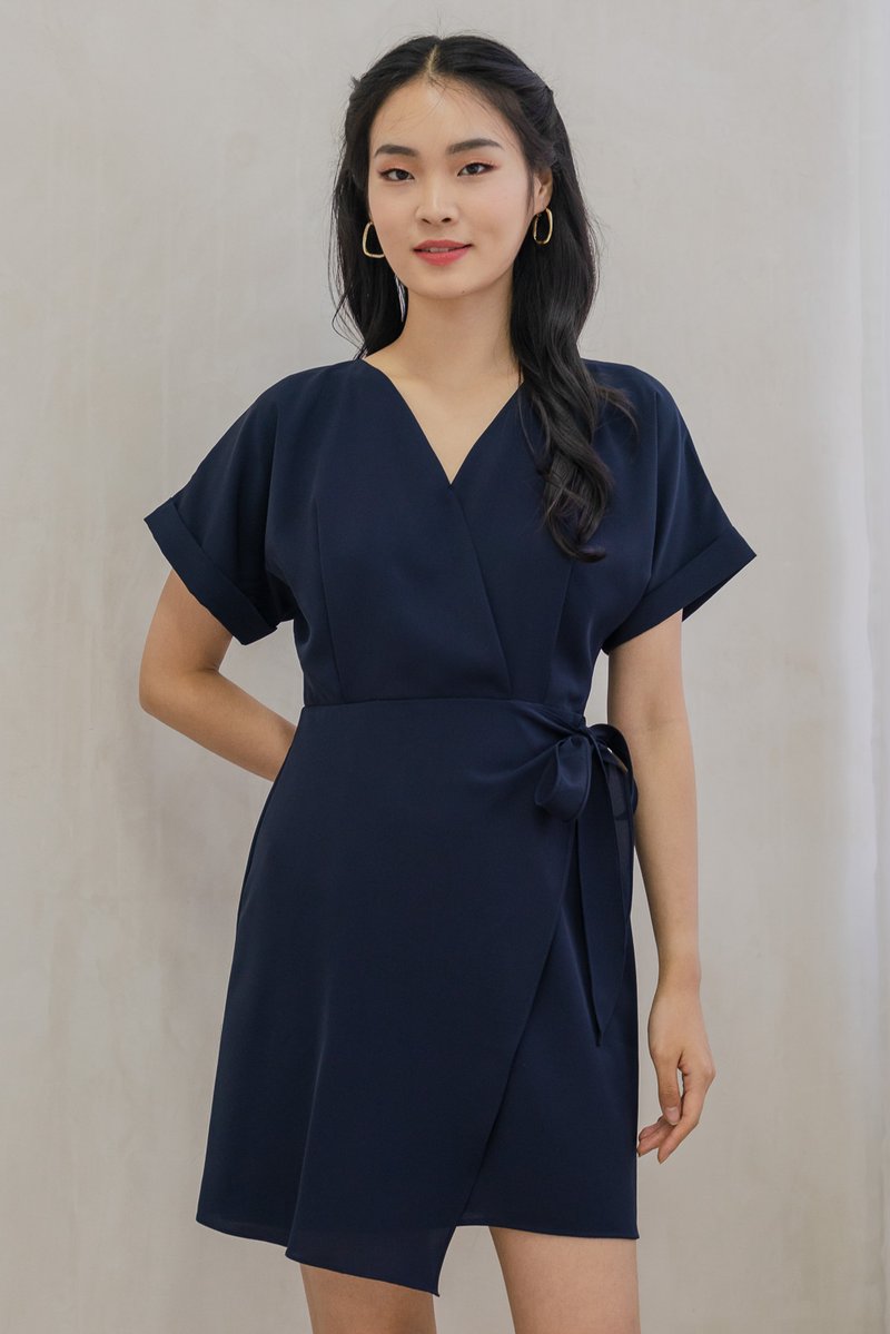 Flounce Faux Wrap Dress In Navy (XS)