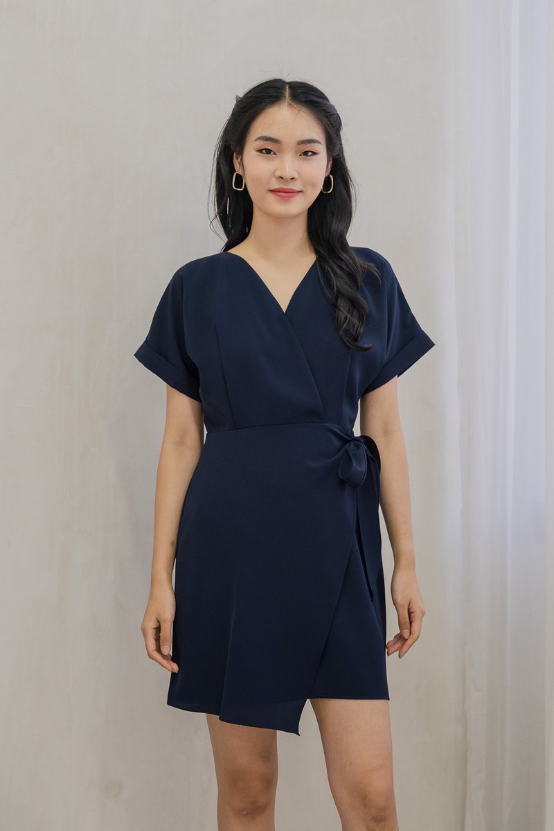 Flounce Faux Wrap Dress In Navy (XS)
