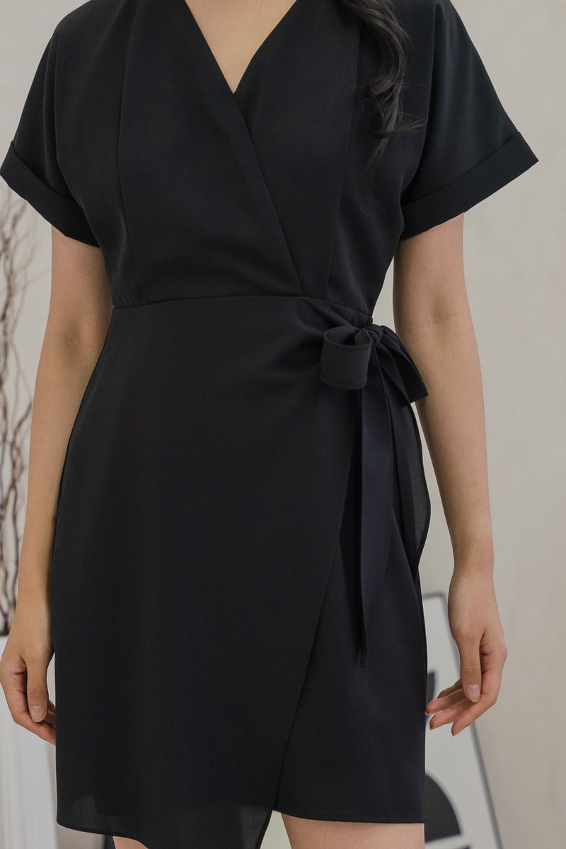 Flounce Faux Wrap Dress In Black