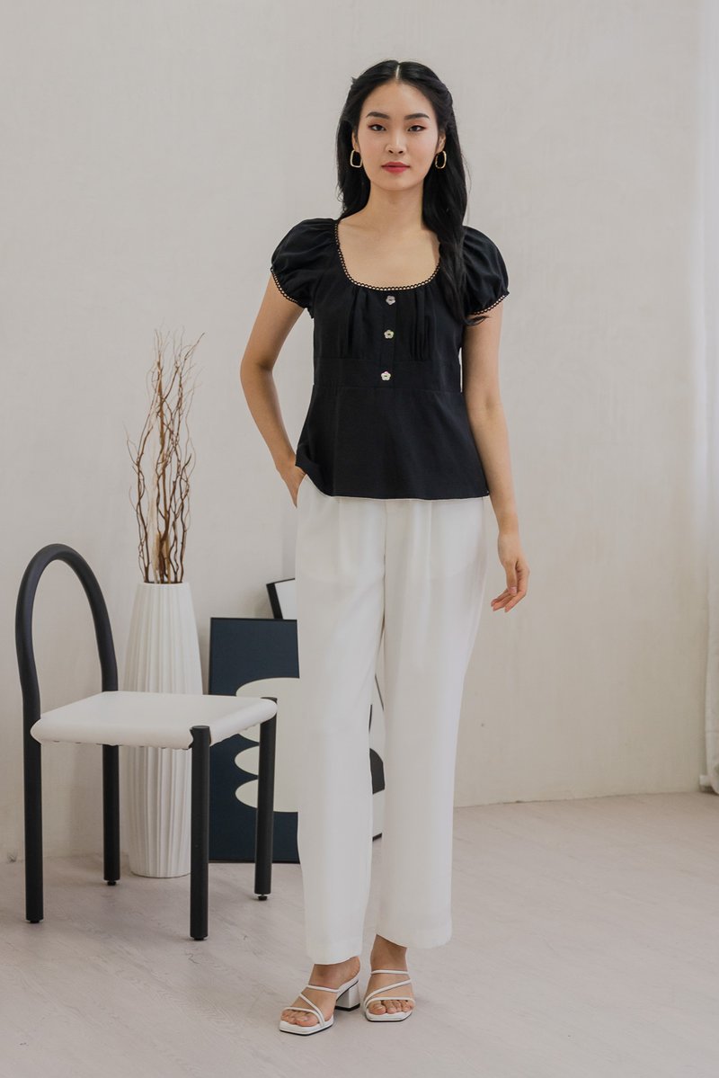 Plum Floral Buttons Puff Sleeve Top In Black (XS)