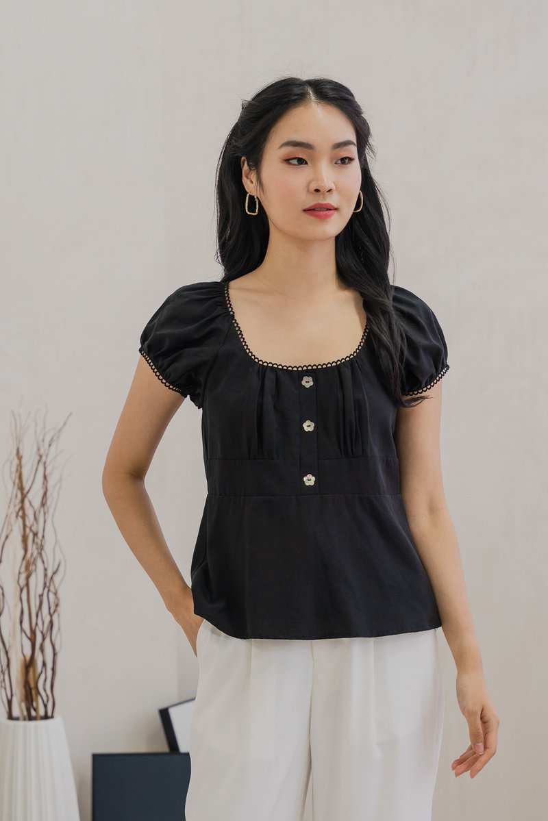 Plum Floral Buttons Puff Sleeve Top In Black (XS)