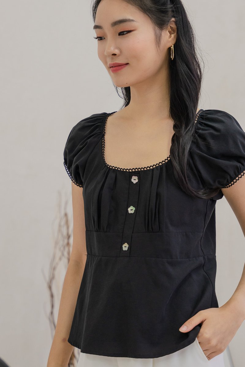 Plum Floral Buttons Puff Sleeve Top In Black (XS)