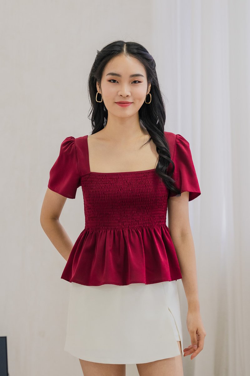 Sabine Smocked Cross-Back Top In Wine (XS)