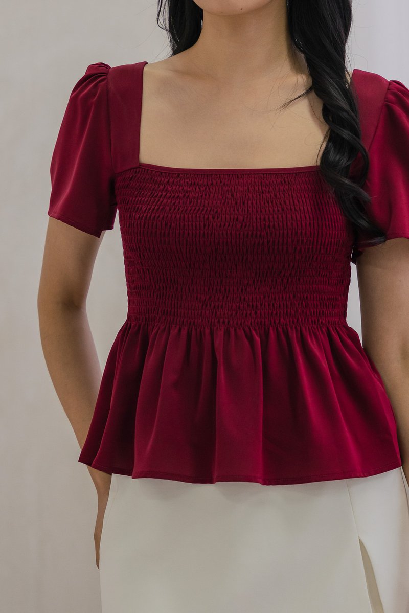 Sabine Smocked Cross-Back Top In Wine (XS)