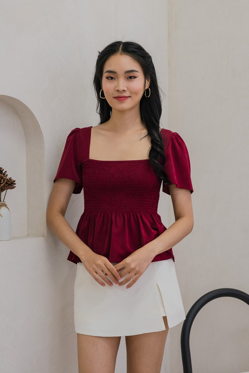 Sabine Smocked Cross-Back Top In Wine (XS)