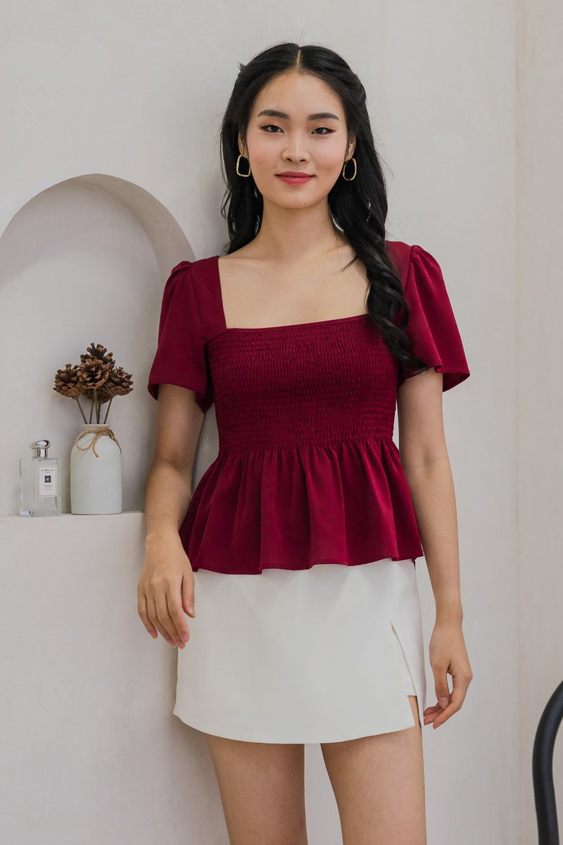 Sabine Smocked Cross-Back Top In Wine (XS)