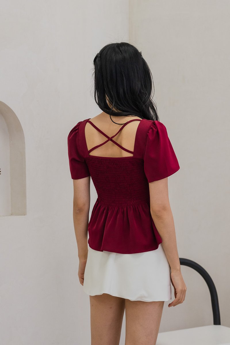 Sabine Smocked Cross-Back Top In Wine (XS)