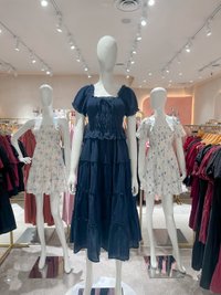 Ripple Textured Ruffles Tiered Midi Dress In Navy (XS)
