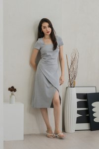 Oaklyn Side Ruched Overlap Midi Dress In Grey