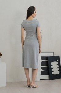 Oaklyn Side Ruched Overlap Midi Dress In Grey