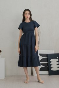 Millicent Textured Tiered Midi Dress In Midnight Blue (XS)