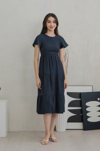 Millicent Textured Tiered Midi Dress In Midnight Blue (XS)