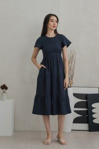 Millicent Textured Tiered Midi Dress In Midnight Blue (XS)