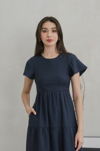Millicent Textured Tiered Midi Dress In Midnight Blue (XS)