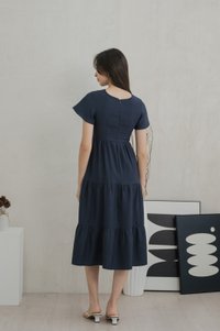 Millicent Textured Tiered Midi Dress In Midnight Blue (XS)
