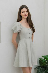 Precious Ribbon Button Puff Sleeve Dress In Light Grey (XS)