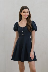 Precious Ribbon Button Puff Sleeve Dress In Navy