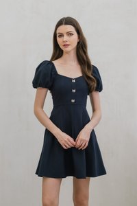 Precious Ribbon Button Puff Sleeve Dress In Navy