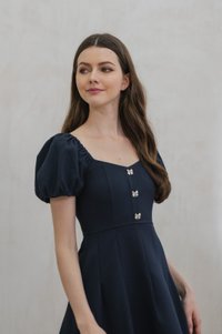 Precious Ribbon Button Puff Sleeve Dress In Navy