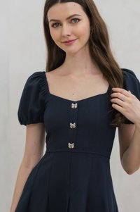 Precious Ribbon Button Puff Sleeve Dress In Navy