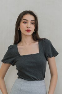 Rei Ribbed Puff Sleeve Top In Dark Grey (S)