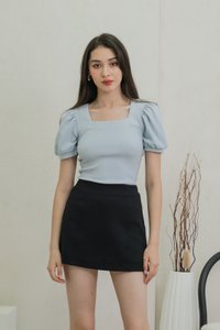 Snowy Knit Puff Sleeves Top In Dusty Blue(XL)