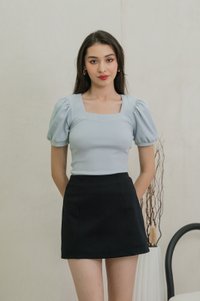 Snowy Knit Puff Sleeves Top In Dusty Blue(XL)