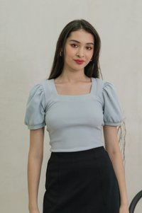 Snowy Knit Puff Sleeves Top In Dusty Blue(XL)