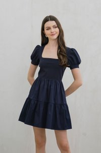 Meria Mixed Fabric Tiered Dress In Navy