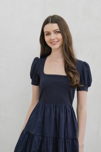 Meria Mixed Fabric Tiered Dress In Navy
