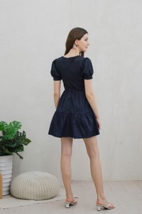 Meria Mixed Fabric Tiered Dress In Navy