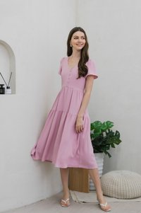 Tranquil Textured Button Tiered Midi Dress In Pink