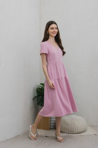Tranquil Textured Button Tiered Midi Dress In Pink