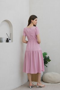Tranquil Textured Button Tiered Midi Dress In Pink