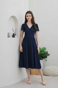 Tranquil Textured Button Tiered Midi Dress In Navy (XS)