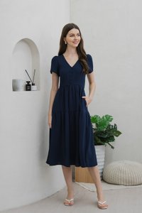 Tranquil Textured Button Tiered Midi Dress In Navy (XS)
