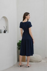Tranquil Textured Button Tiered Midi Dress In Navy (XS)