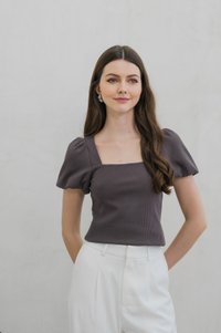 Rei Ribbed Puff Sleeve Top In Cocoa (XS)