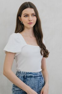 Rei Ribbed Puff Sleeve Top In White (XS)