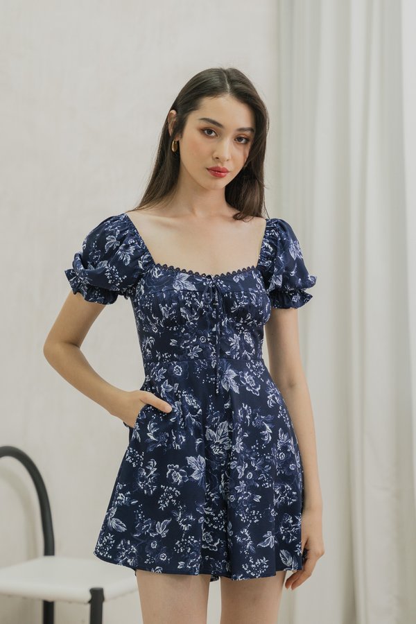 Verela Floral Ribbon Romper In Navy (XS)