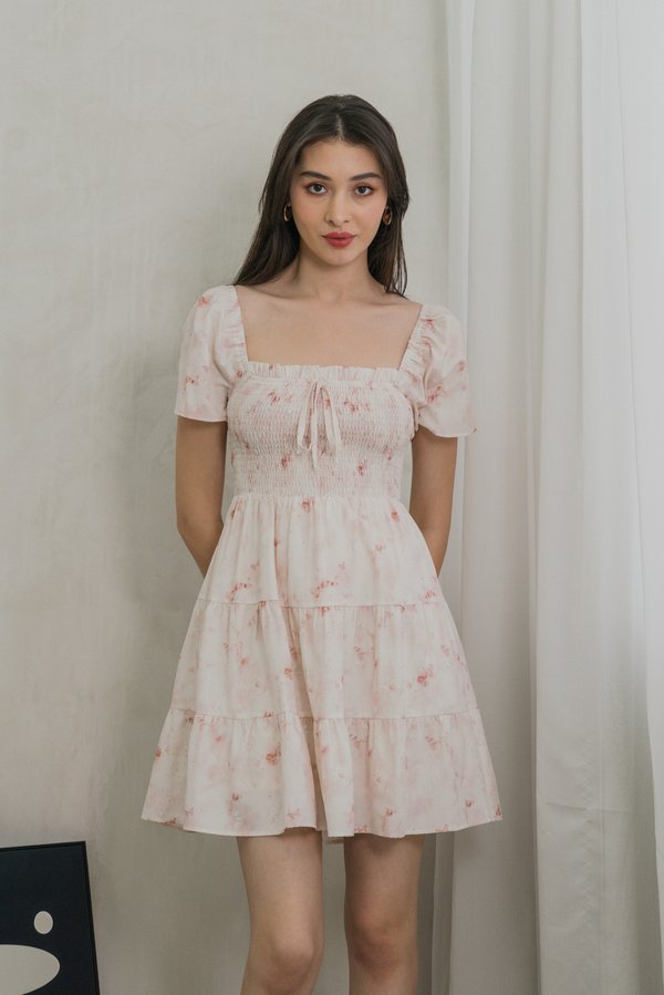 Rexa Ribbon Smocked Tiered Dress In Pink (XS)