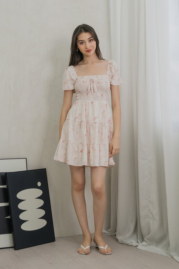 Rexa Ribbon Smocked Tiered Dress In Pink (XS)