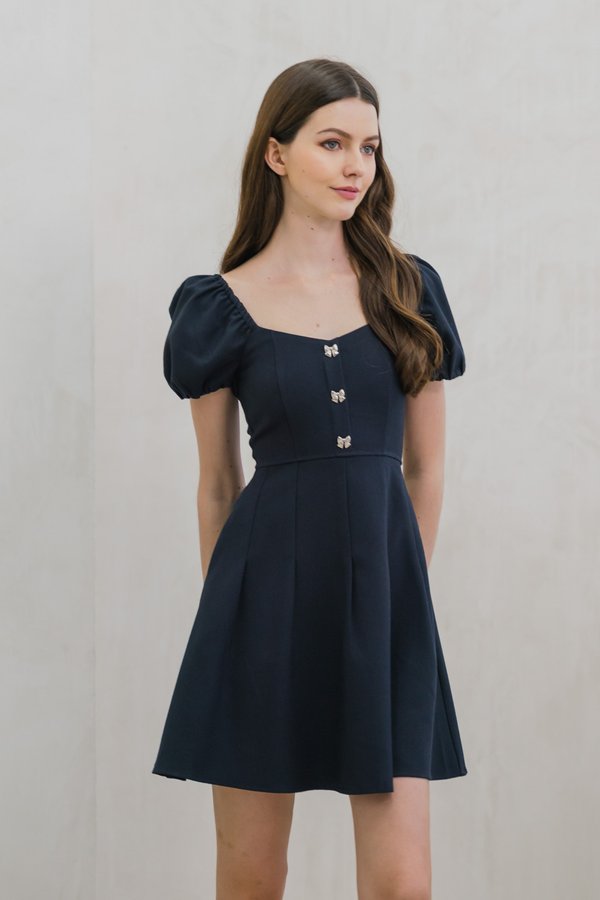 Precious Ribbon Button Puff Sleeve Dress In Navy
